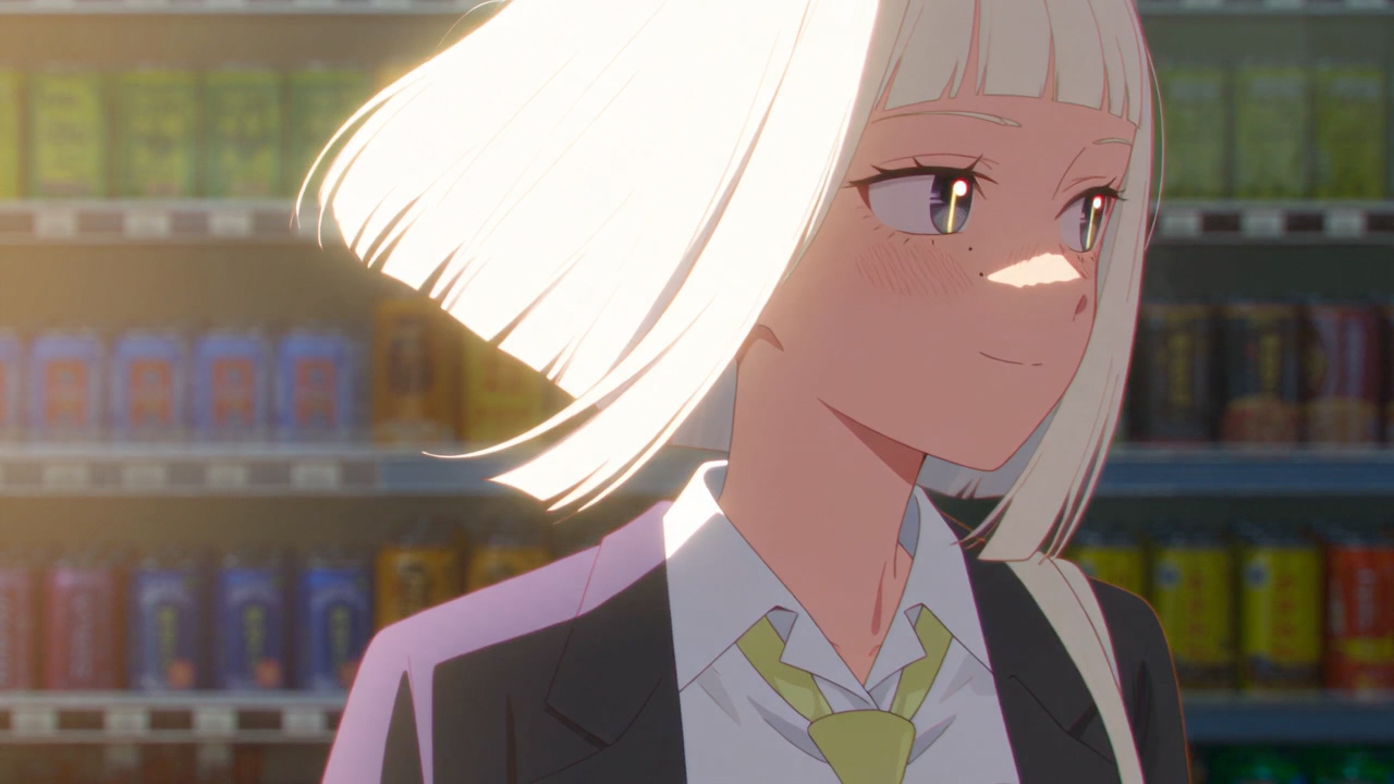 She turns her head and smiles, a lemon-yellow tie at her collar