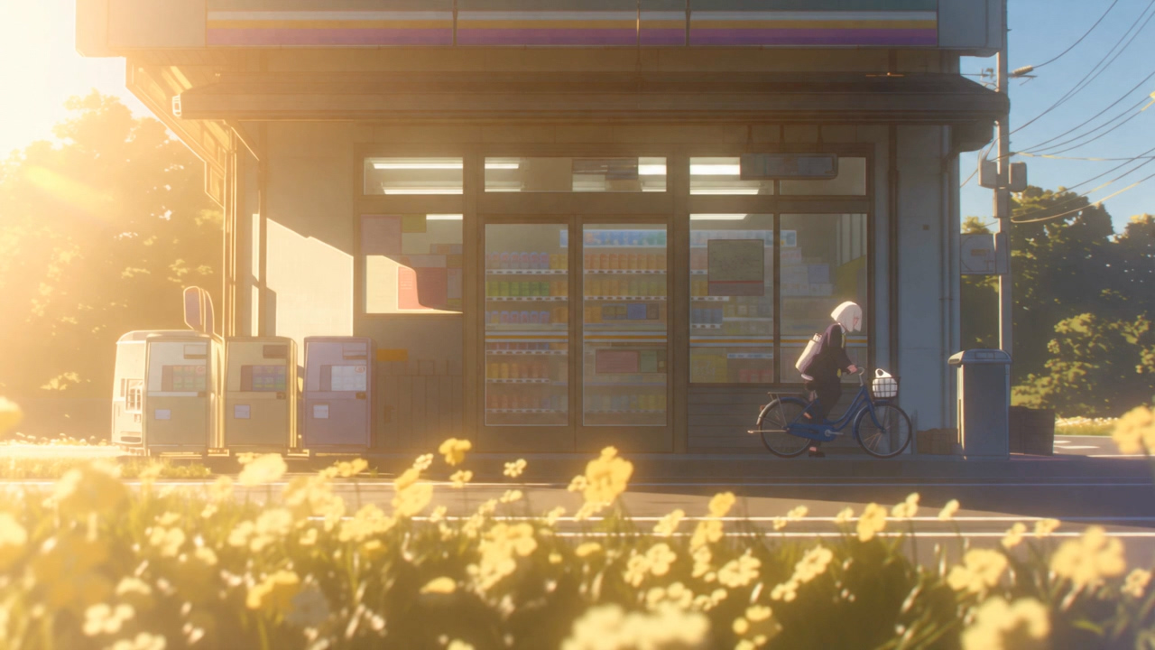 She rides her bicycle past the konbini