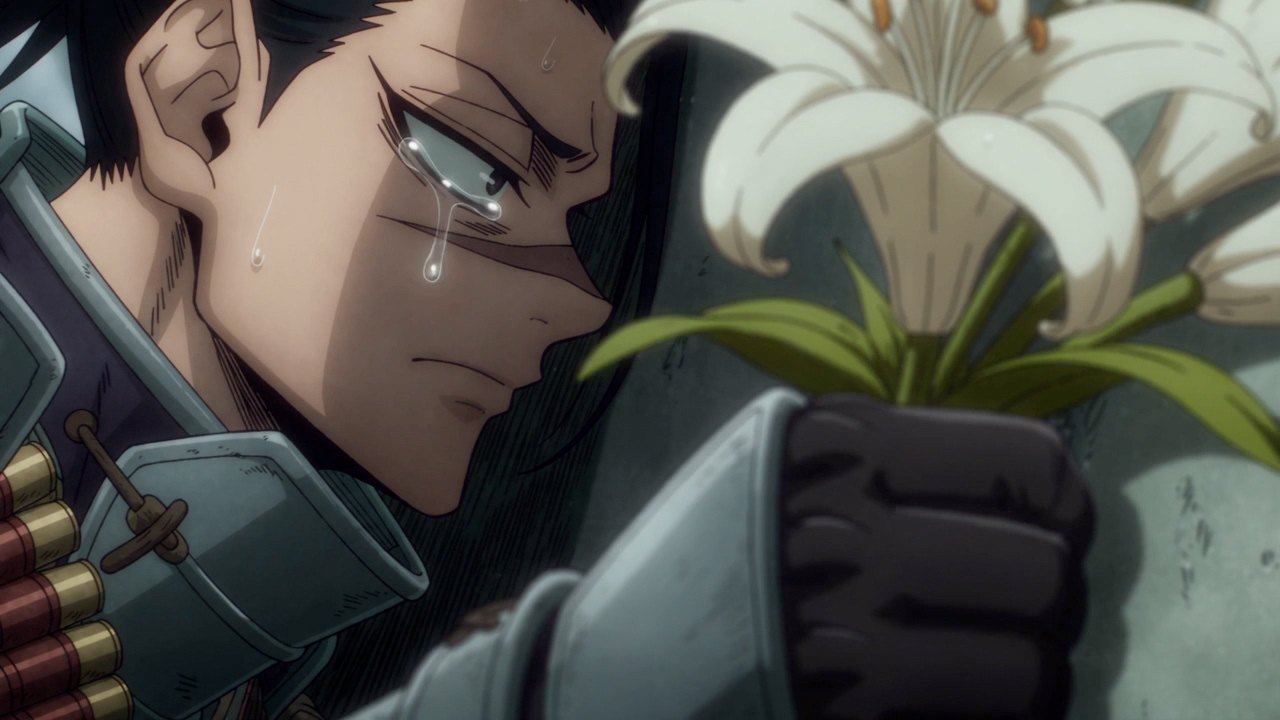 His face in tears behind white lilies